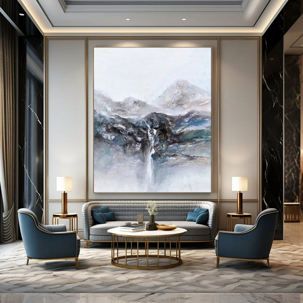 “Mountain - Waterfall Abstract in Gray - Blue” - Landscape Abstract Painting On Canvas PT1961
