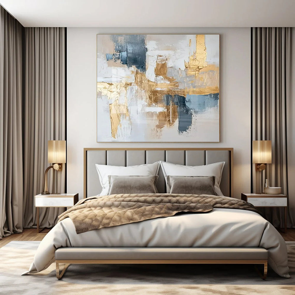 Gray, Gold, Blue with Abstract Layers "Gilded Mornings" Abstract Painting On Canvas PS1269