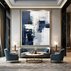 “Monochrome Grid” - Minimalist Blue & White Abstraction Painting On Canvas DS128