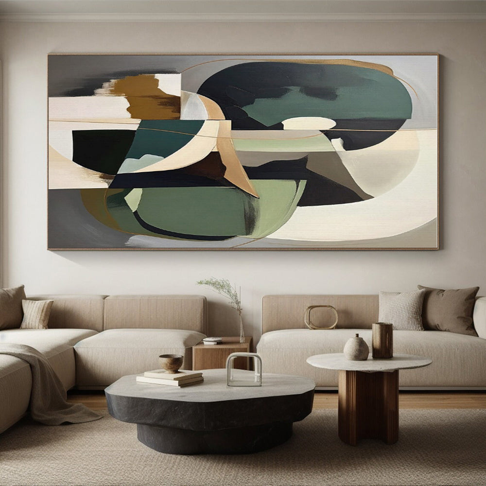 “Green - Gray Abstract Geometry” - Green, Gray, Neutral Tones Abstract Geometric Painting On Canvas PS0739