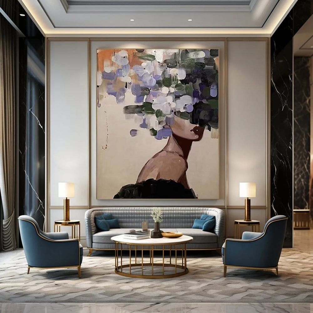 “Flower - Headed Figure” - Whimsical Figurative Painting On Canvas DS309