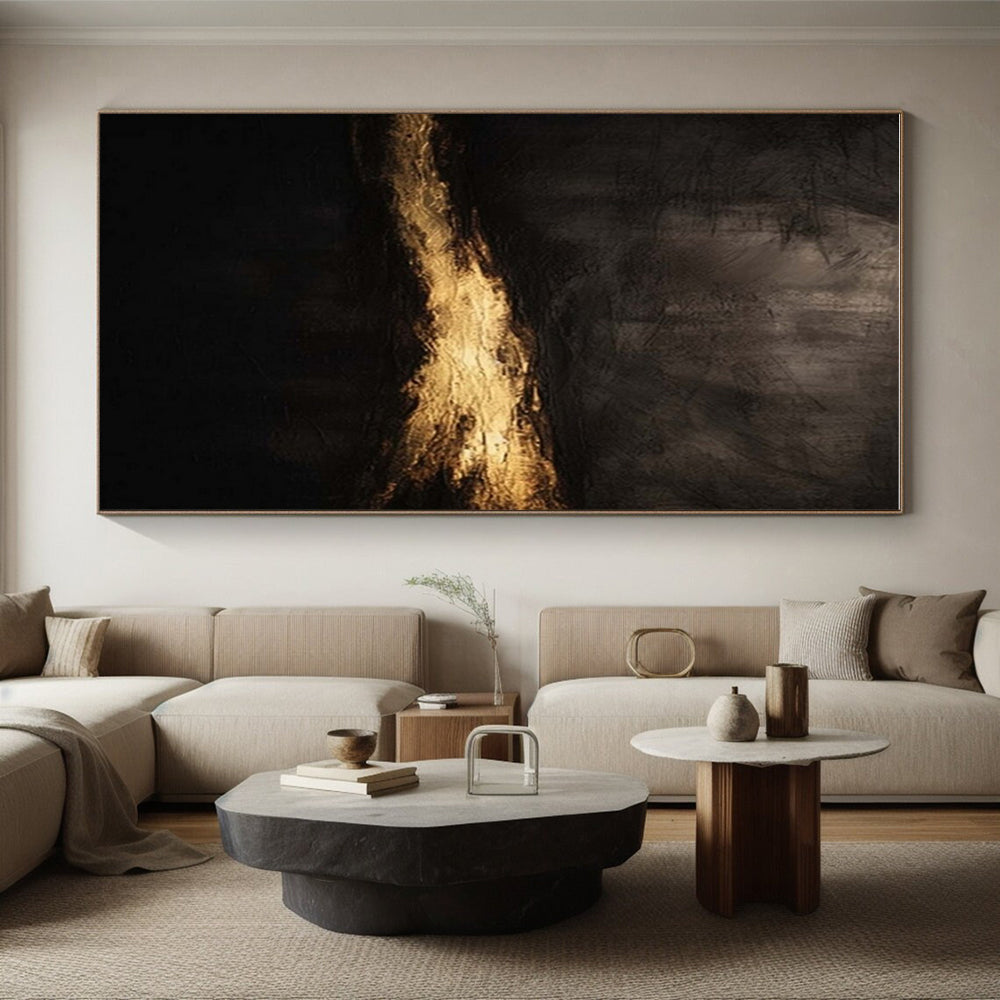 “Dark & Golden Mystery” - Black, Gold Abstract Minimalist Painting On Canvas PS0686