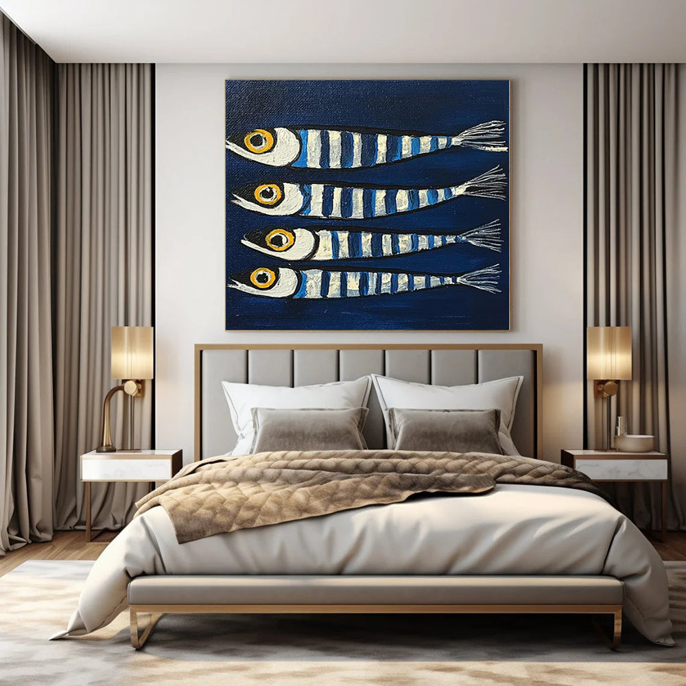 Blue, White, Yellow with Striped Fish "Sea Stripes" Naive Art Painting On Canvas PS1189