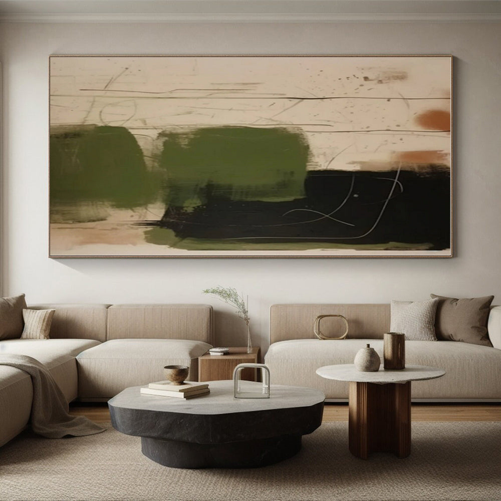 “Green - Black - Beige Expressive Abstraction” - Green, Black, Beige Abstract Painting On Canvas PS0533