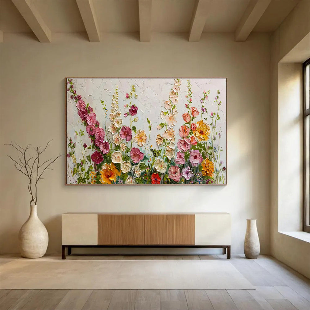 “Pastel Wildflower Meadow” - Soft Pink, Yellow & Green Floral, Impasto Flower Field Painting On Canvas DKS683