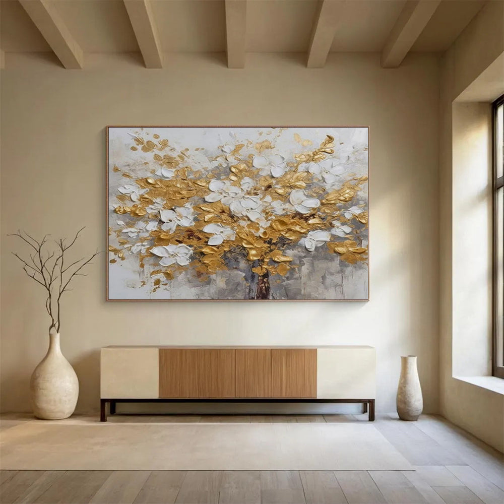 “Gold & White Blossom Tree” - Textured Floral Painting On Canvas PT246