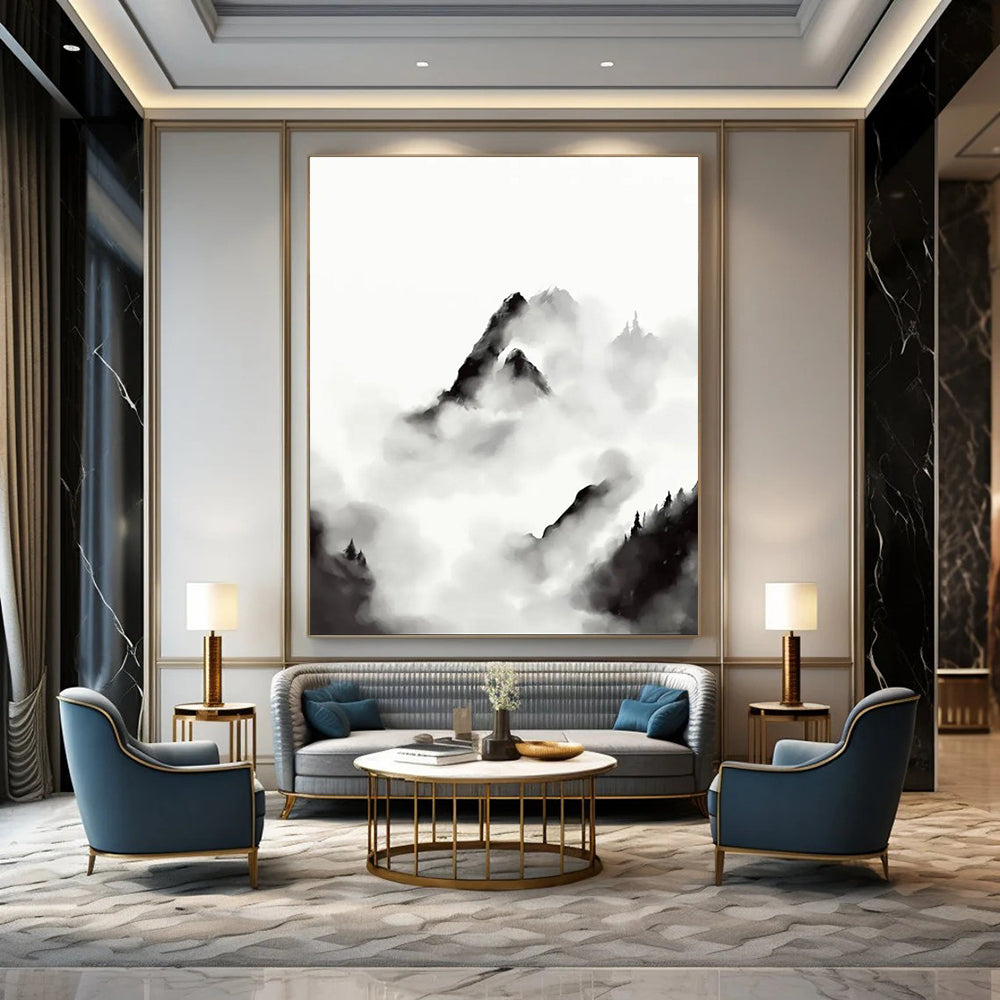 “Ink - Wash Mountainscape” - Traditional Chinese Style Clouds & Peaks Painting On Canvas DS207