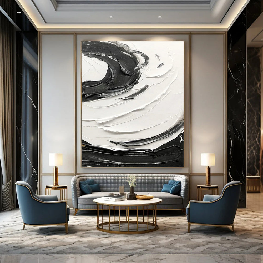 “Black and White Swirl Dynamics” - Energetic Abstract Painting On Canvas DS380
