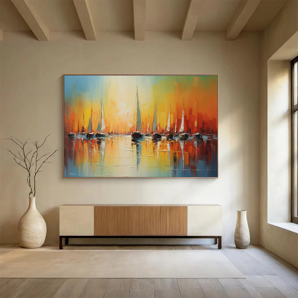 “Impasto Sailboat Sunset” - Impasto Oil Seascape Painting On Canvas DKS864