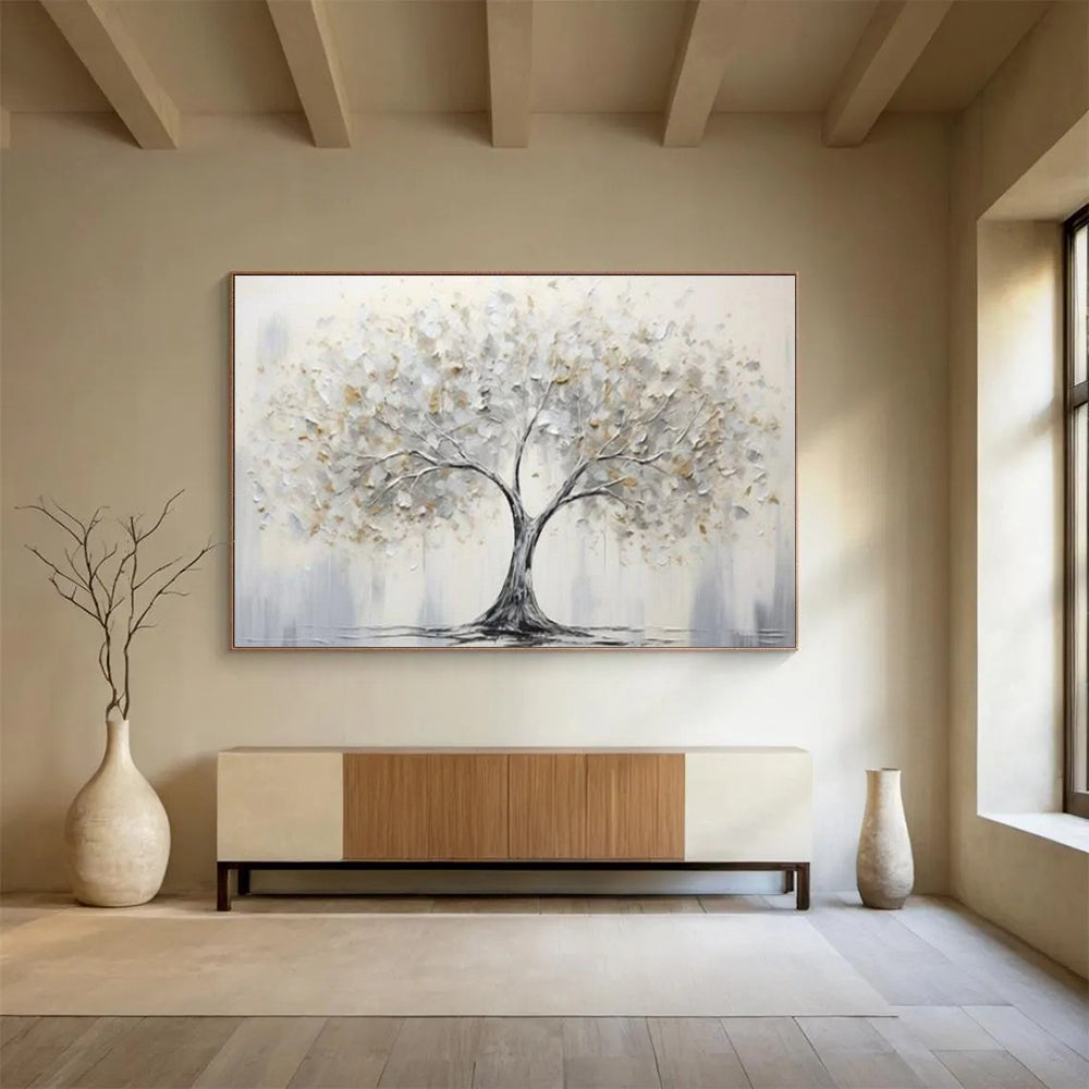 “Silver - Gold Tree” - Metallic Silver “Ethereal Tree” Painting On Canvas PT1619