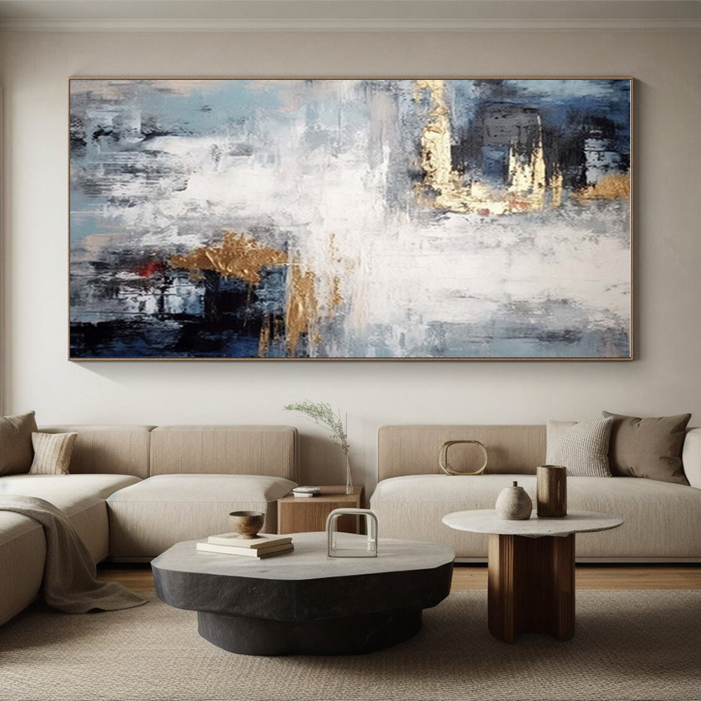 “Blue - Gray & Gold Fusion” - Blue, Gray, Gold Abstract Minimalist Painting On Canvas PS0696