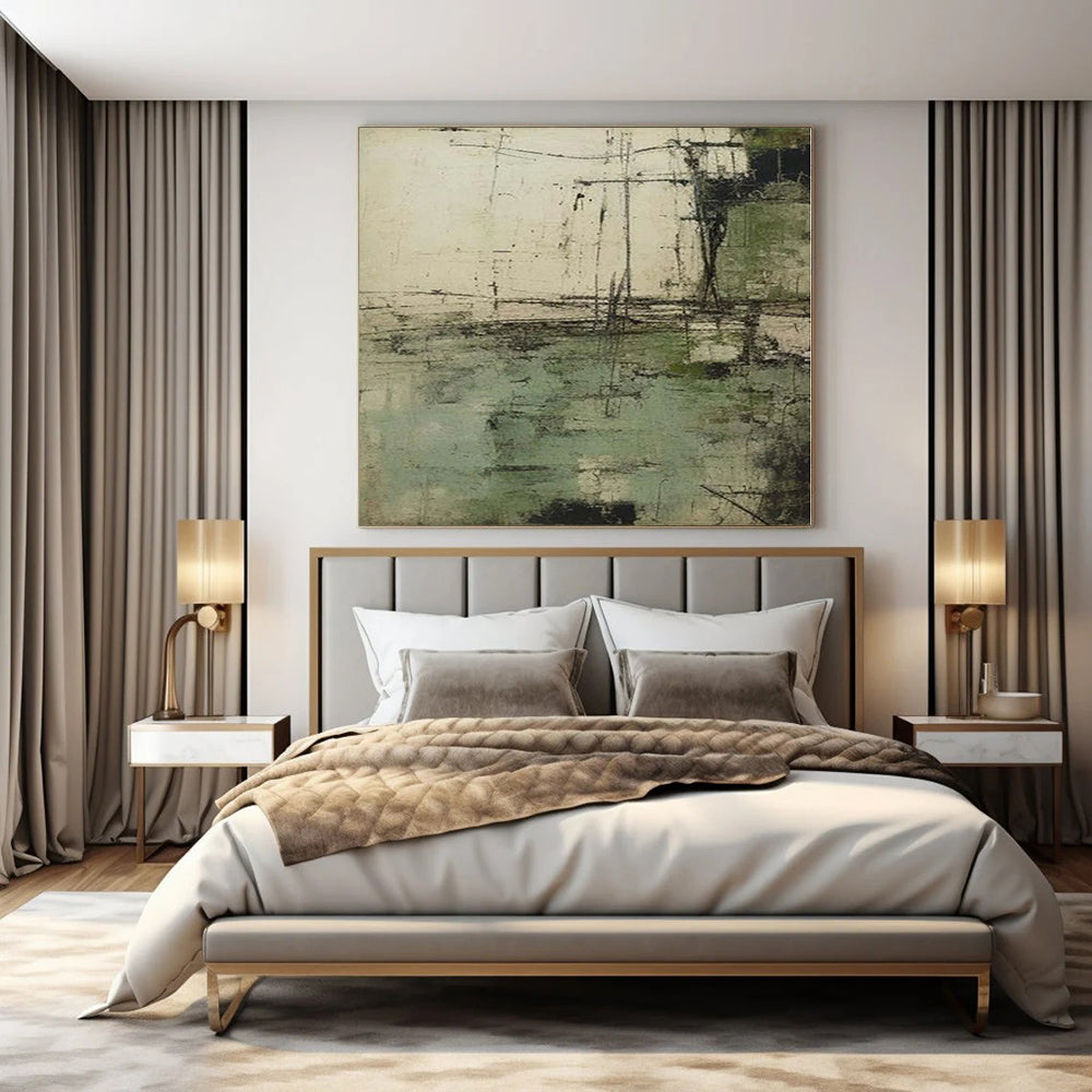 “Green - Gray Textured Abstract” - Rustic Abstract Painting On Canvas PS0160