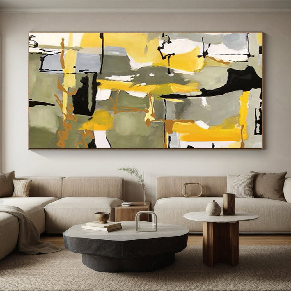 “Yellow - Grey Abstract Dynamic Shapes” - Lively Abstract Painting On Canvas PS0344