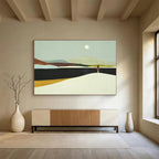 “Moonlit Lake Contemplation” - Blue, Green & Brown Landscape, Minimalist Oil Painting On Canvas DKS739