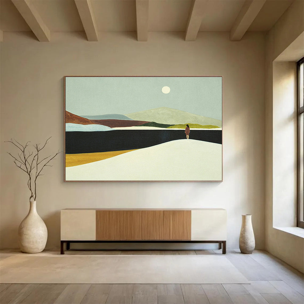 “Moonlit Lake Contemplation” - Blue, Green & Brown Landscape, Minimalist Oil Painting On Canvas DKS739