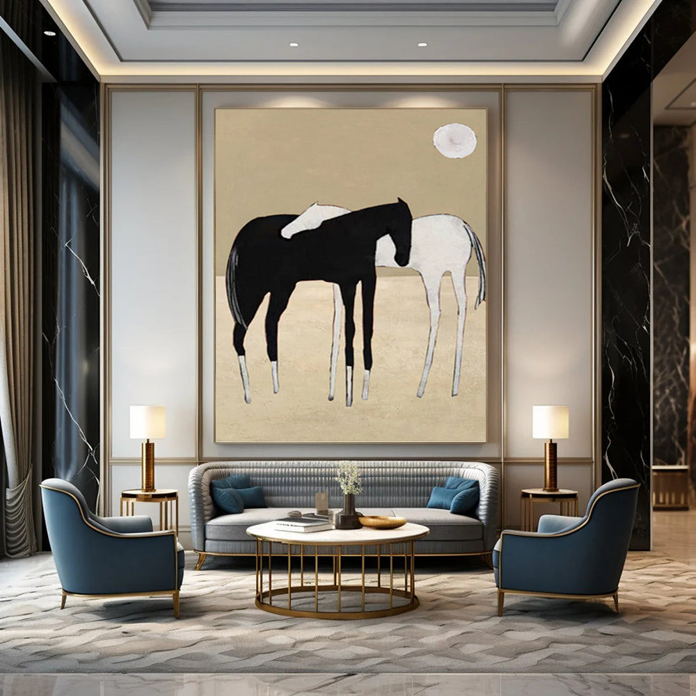 “Minimalist Black & White Horses” - Minimalist - Inspired Animal Painting On Canvas PT1410