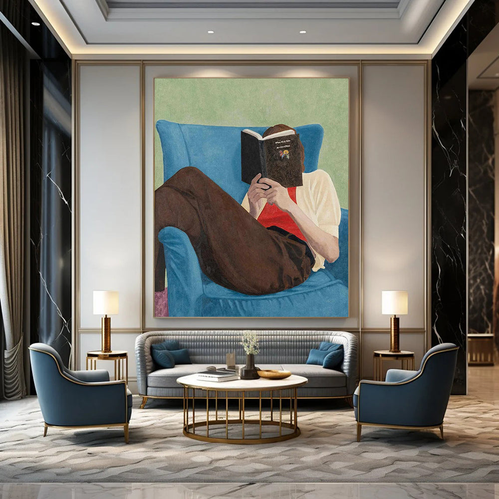 “Reading Figure in Blue Chair” - Serene Figurative Painting On Canvas DS303
