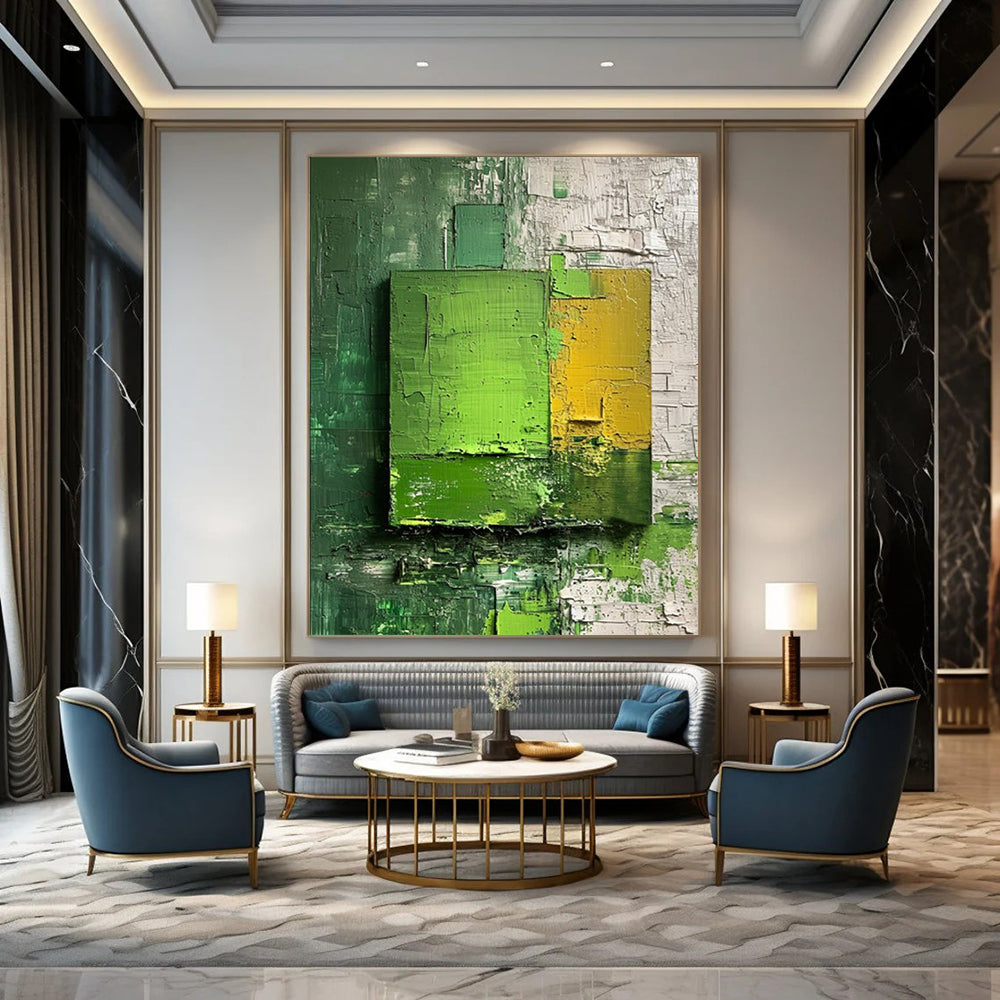 “Green - Yellow Textured Squares” - Abstract Expressionist Painting On Canvas DS030
