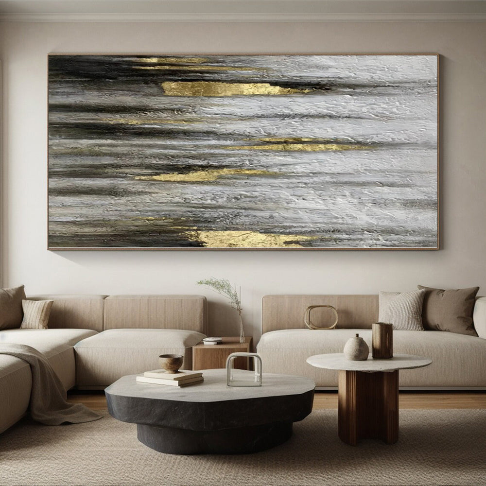 “Textured Grey - Gold Abstract Drip Art” - Luxe Textured Painting On Canvas PS0321