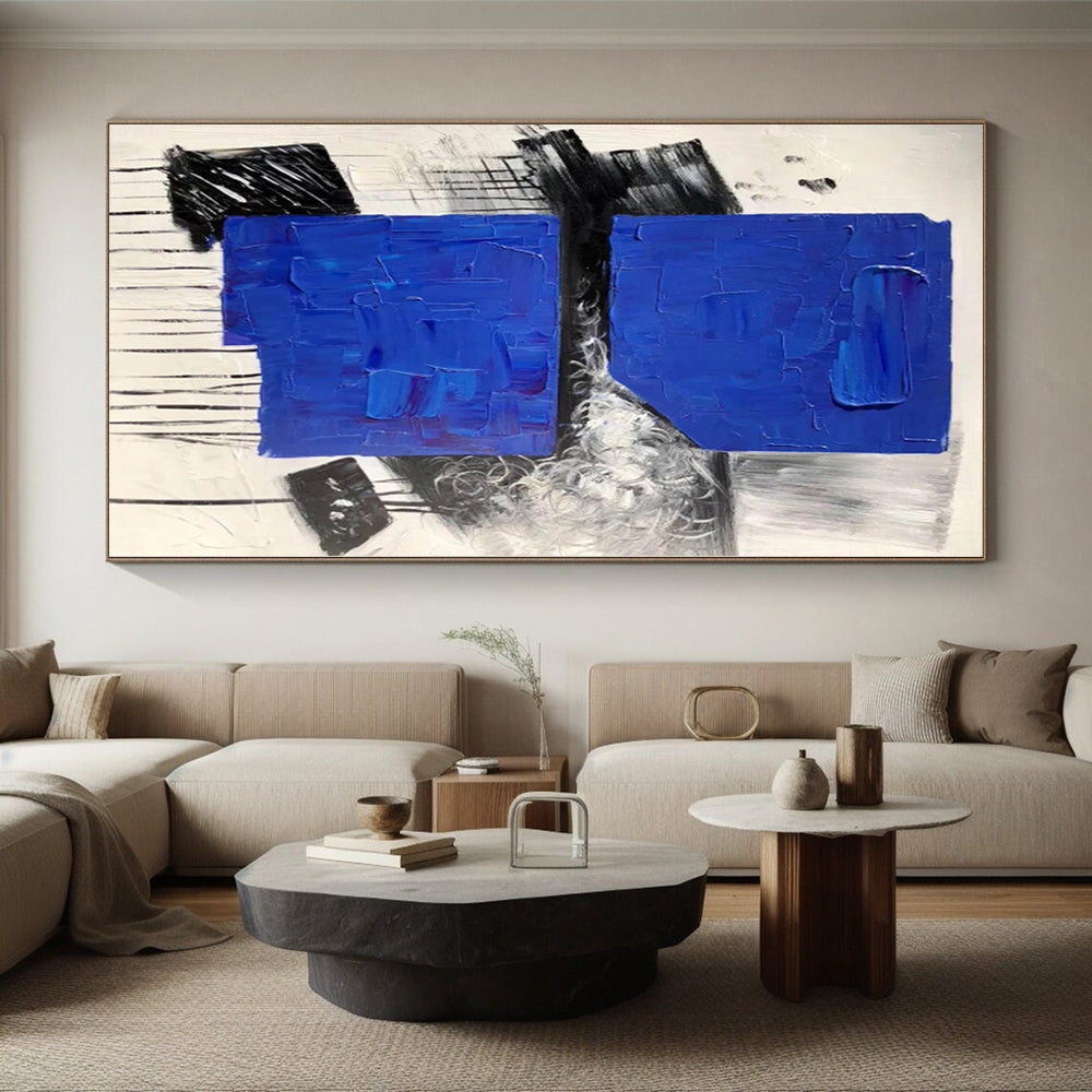 “Blue - Black - White Abstract Textured Squares” - Tactile Abstract Painting On Canvas PS0330