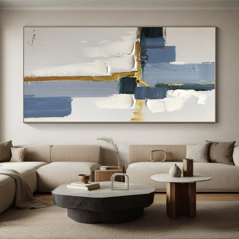 Blue, Gray, Gold Geometric Harmony “Elegant Intersection” - Painting On Canvas PS0805