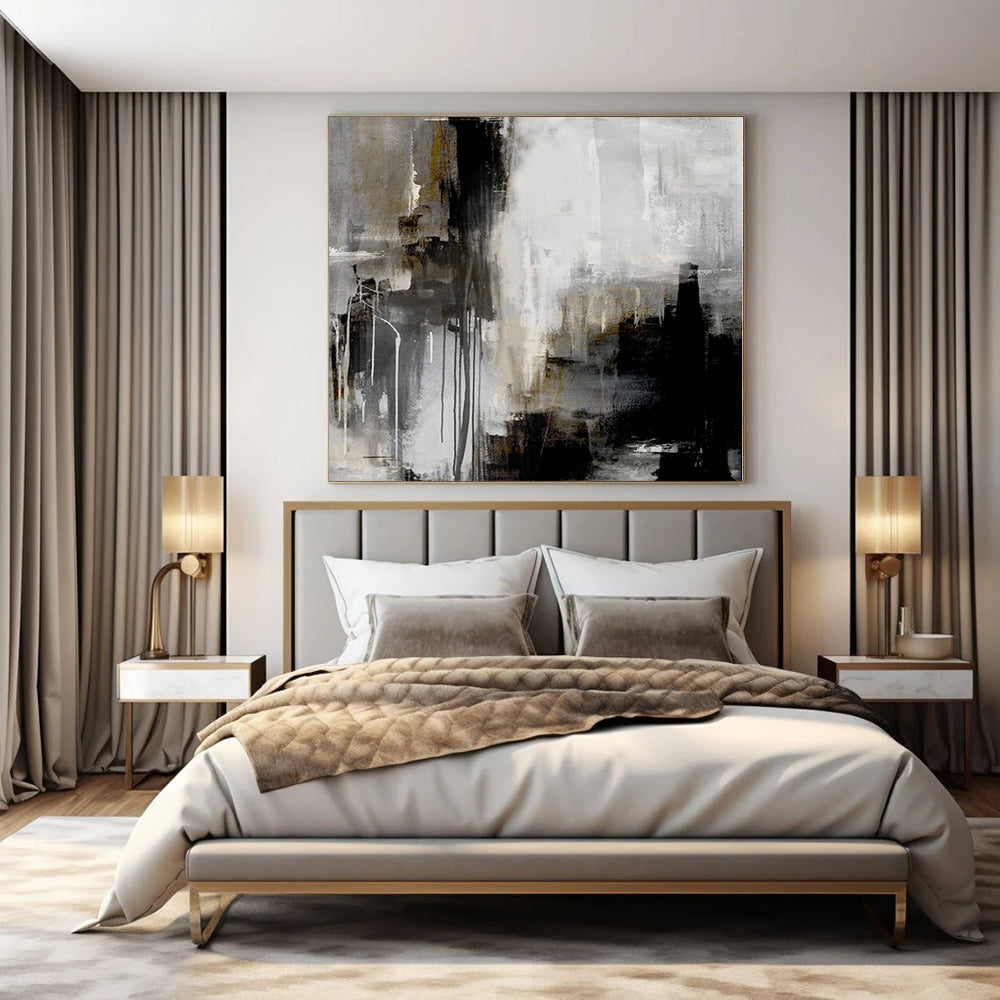 Gray, Black, White and Gold with Dynamic Drips "Urban Erosion" Abstract Painting On Canvas PS1156