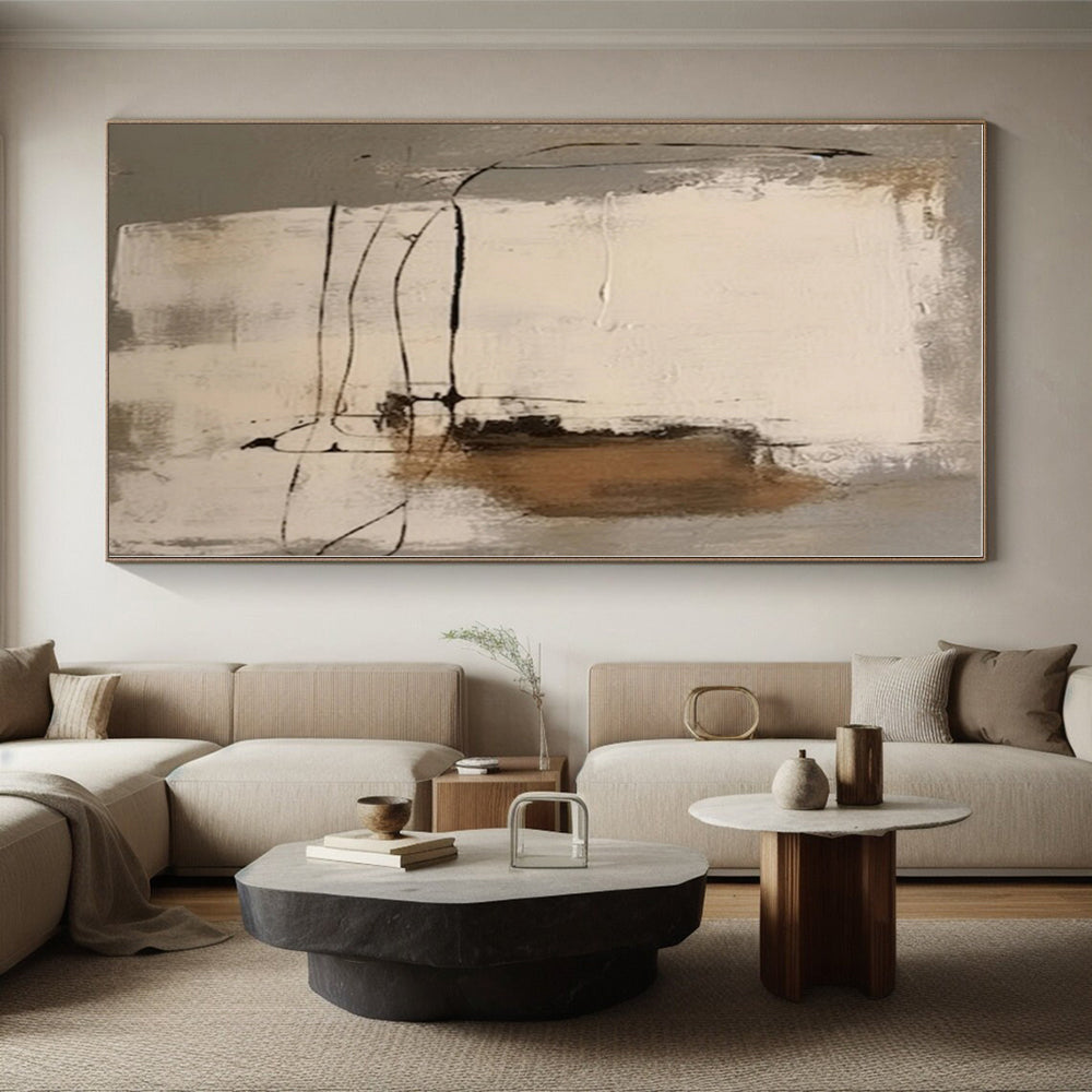 “Gray - Beige - Black Linear Abstraction” - Gray, Beige, Black Abstract Painting On Canvas PS0539