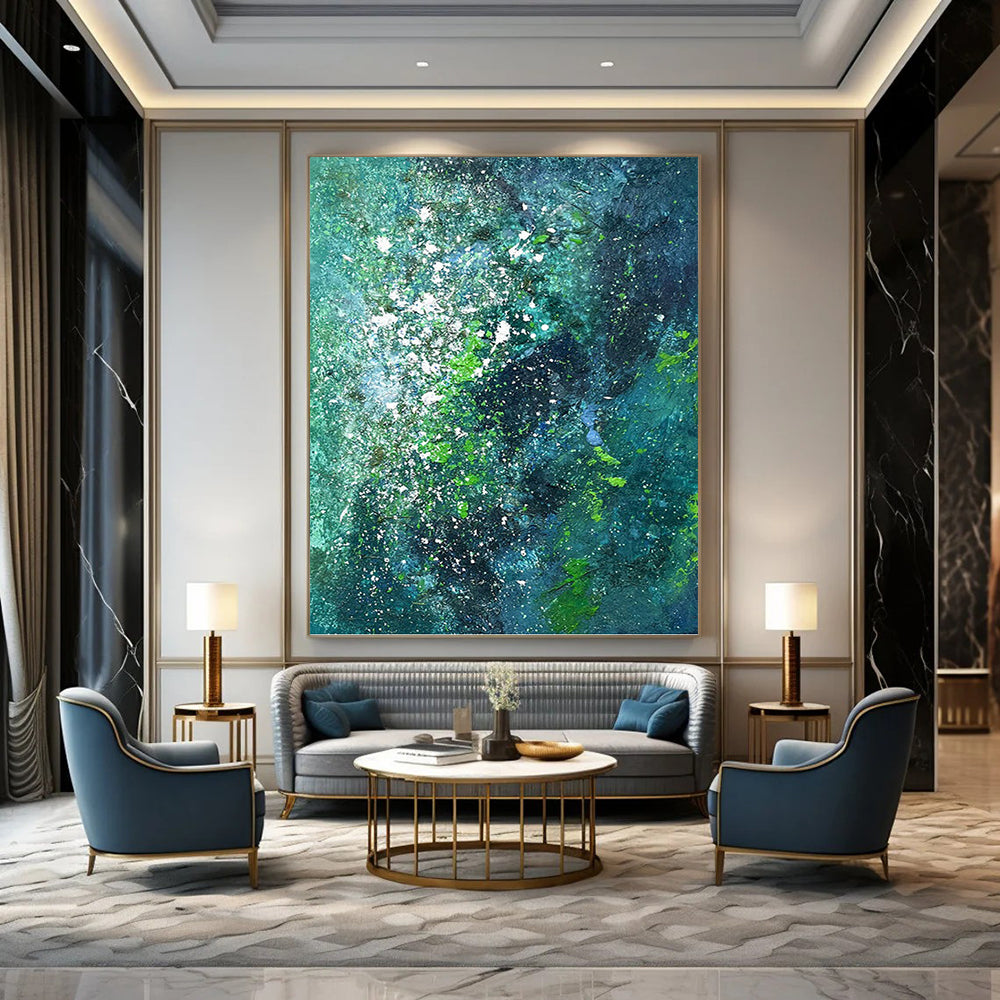 “Teal and Green Splatter Abstract” - Abstract Expressionist Painting On Canvas PT1029