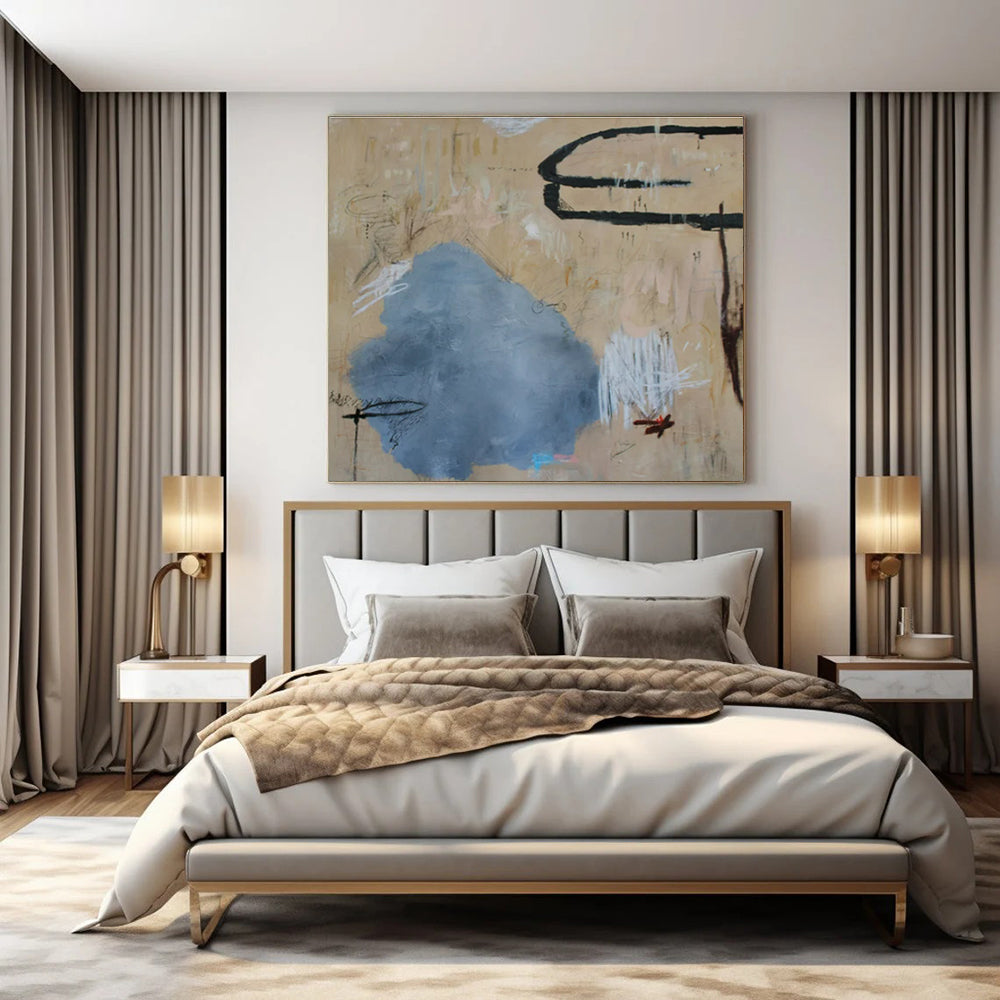 Beige, Blue, Black, White with Scribbled Marks "Vintage Journal" Abstract Painting On Canvas PS1414