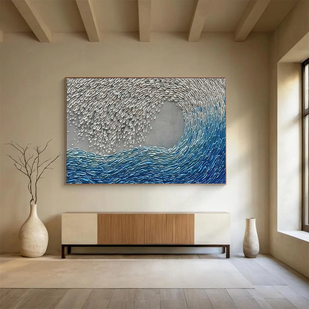 “Blue - Silver Abstract Wave” - Metallic Ocean “Tidal Gleam” Painting On Canvas PT1654