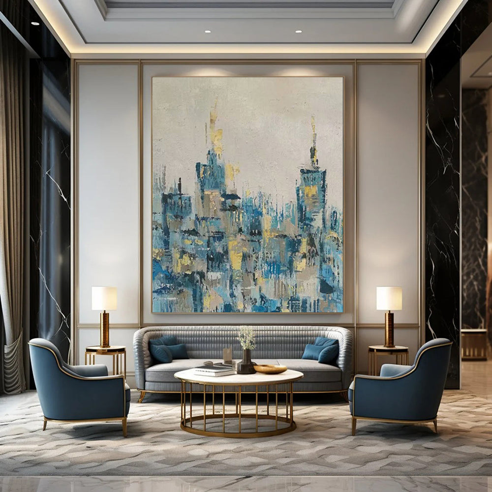“Blue - Gold Abstract City Skyline” - Oil Painting On Canvas PT2080