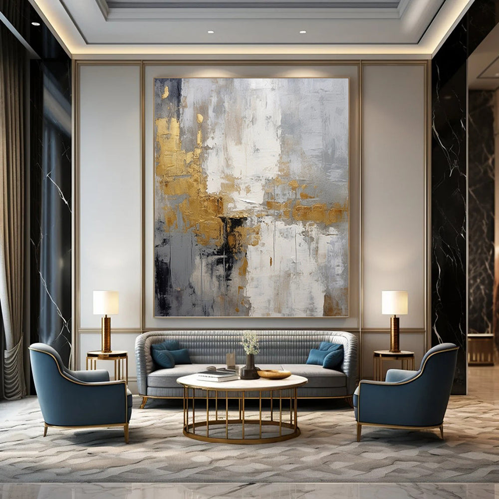 “Grey - Gold Abstract Elegance” - Neutral with Gold Accent Abstract Painting On Canvas PT1062