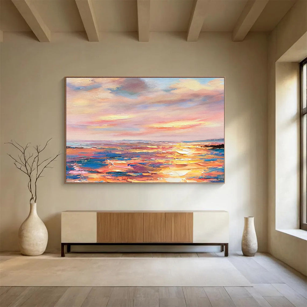Vibrant Sunset Over Colorful Ocean Impressionist Seascape Painting On Canvas DKS112