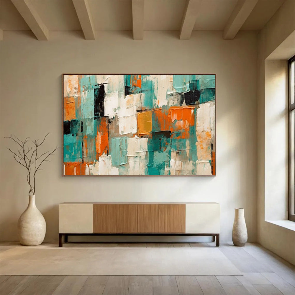 “Teal - Orange - White Abstract” - Abstract Color Block - Painting On Canvas PT1721