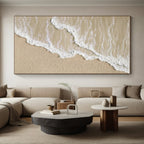 “Sandy Beach Waves” - Beige, White Abstract Seascape Painting On Canvas PS0662