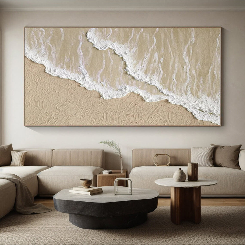 “Sandy Beach Waves” - Beige, White Abstract Seascape Painting On Canvas PS0662