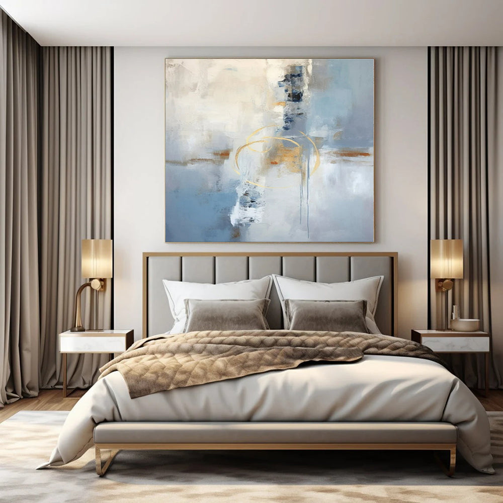 Blue, White, Gold with Abstract Forms "Golden Abstraction" Abstract Painting On Canvas PS1333