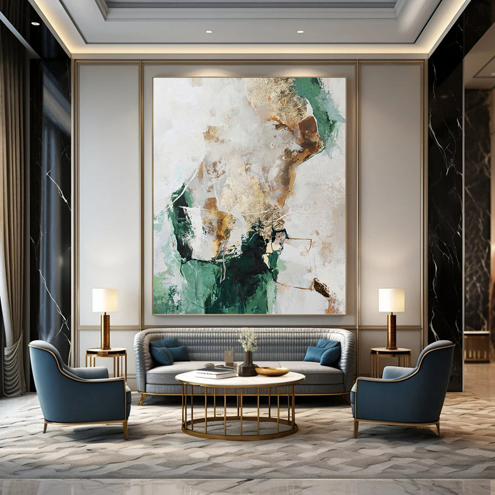 “Green, Gold and White Abstract” - Nature - Inspired Luxe Painting on Canvas PT1008