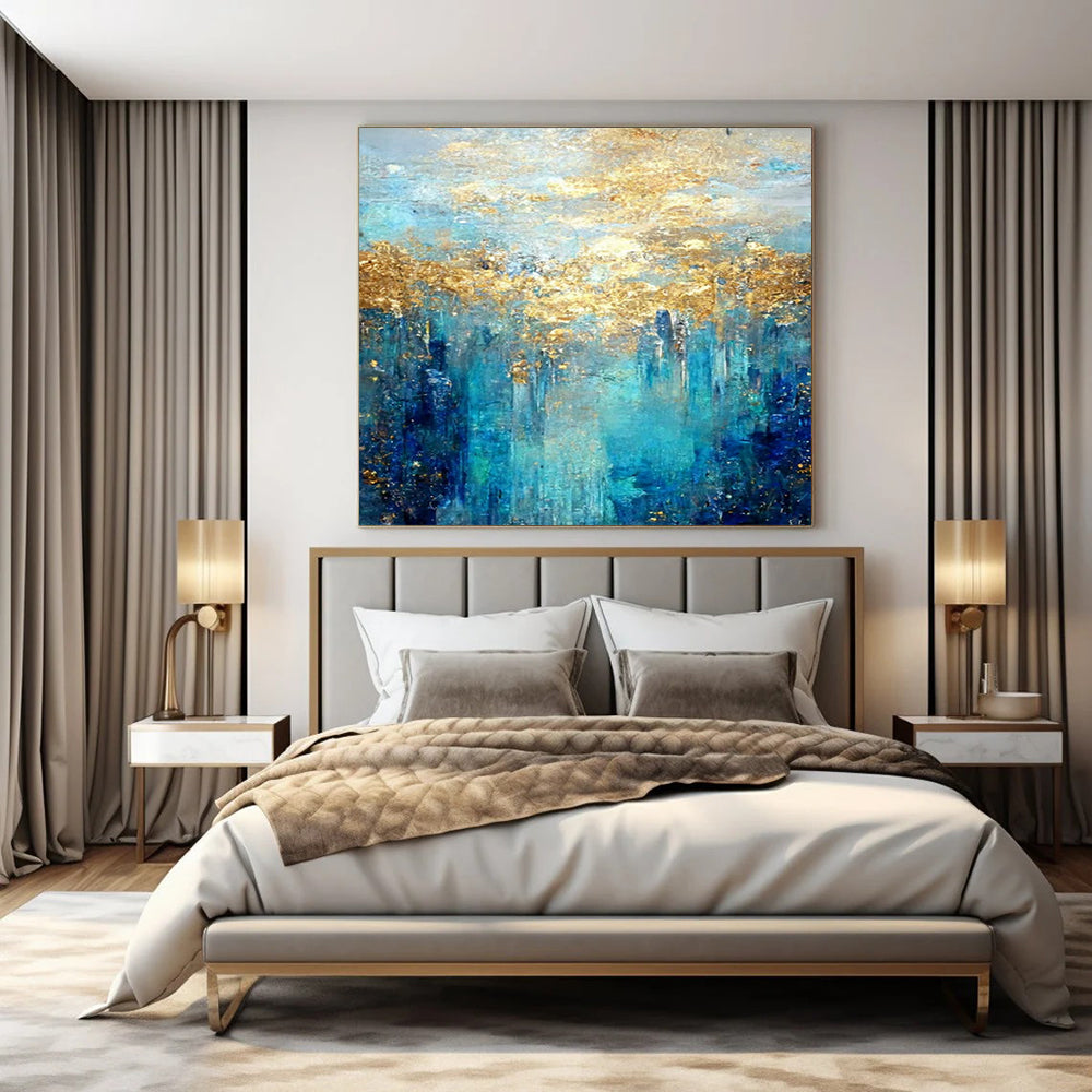 Blue, Gold, and Teal, "Golden Lagoon" – Abstract Landscape Painting On Canvas PS1015