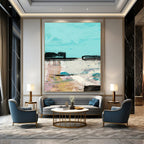 “Abstract Coastal Scene” - Turquoise Sky & Colorful Shoreline Painting On Canvas DS197