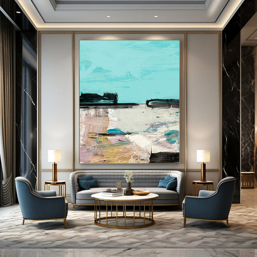 “Abstract Coastal Scene” - Turquoise Sky & Colorful Shoreline Painting On Canvas DS197