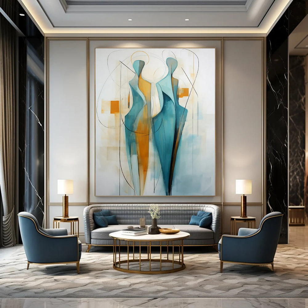 “Teal and Orange Abstract Figures” - Minimalist Abstract Painting On Canvas PT2234