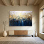 “Gold - Blue Abstract Forest” - Shimmering Gold “Midnight Grove” Painting On Canvas PT1639