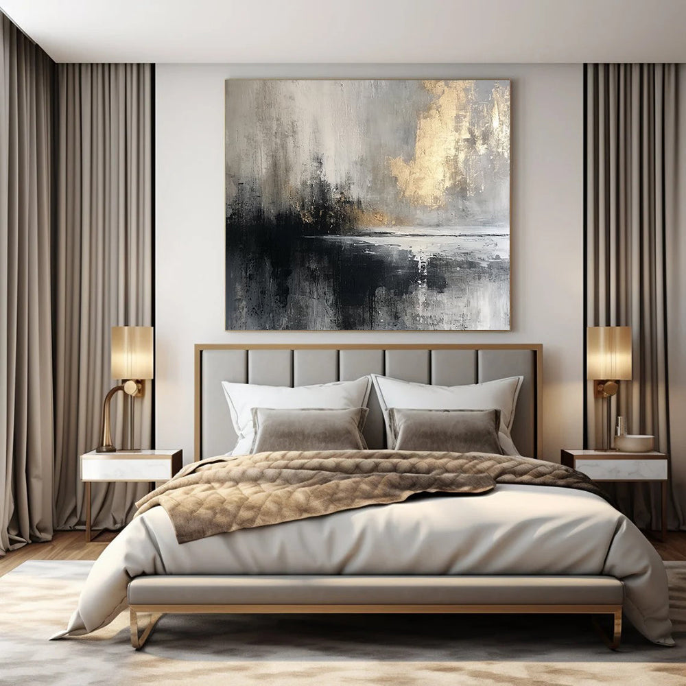 Gray, Gold, Black, and White, "Mystic Dusk" – Abstract Landscape Painting On Canvas PS1018