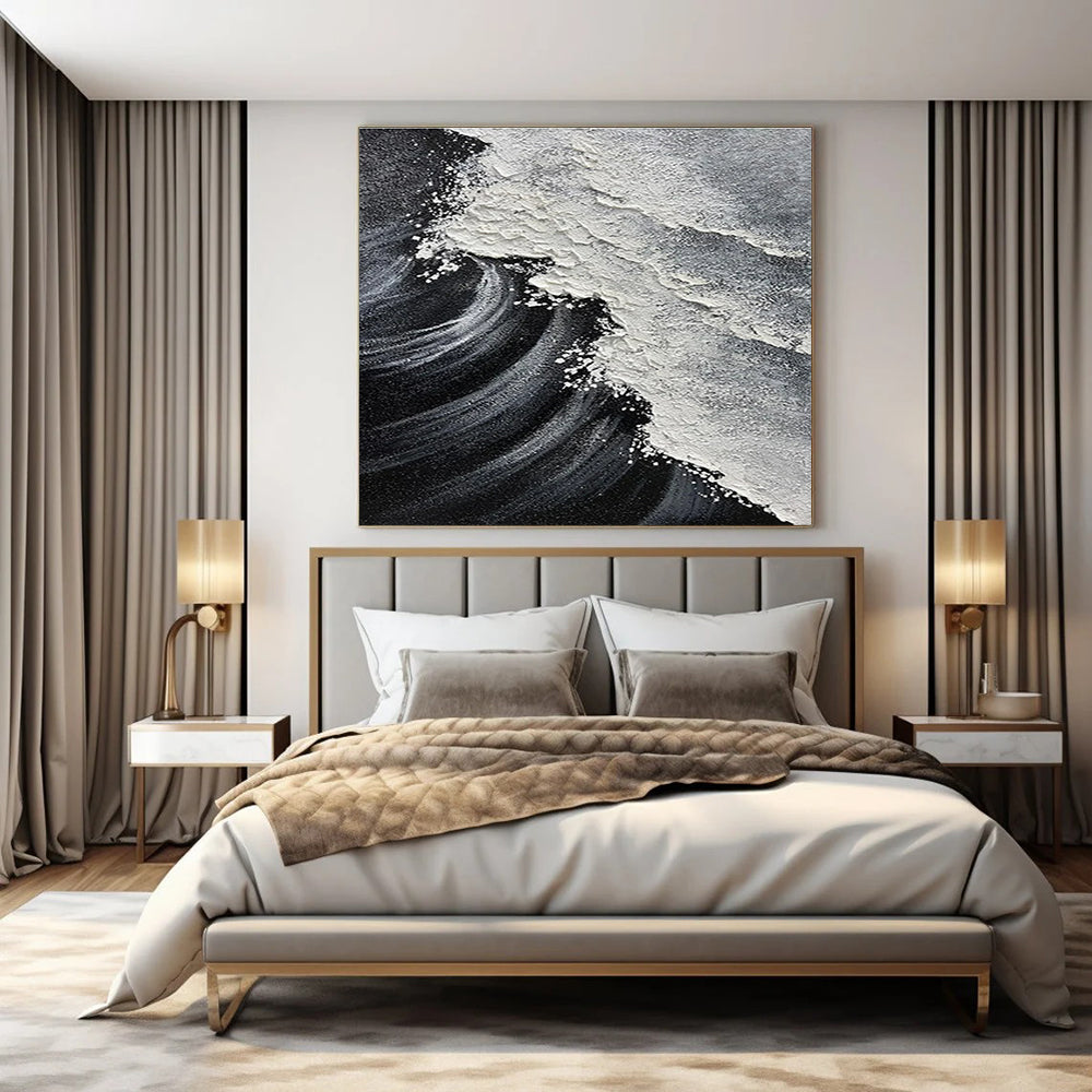 Black, White with Textured Wave "Monochrome Surf" Abstract Painting On Canvas PS1484
