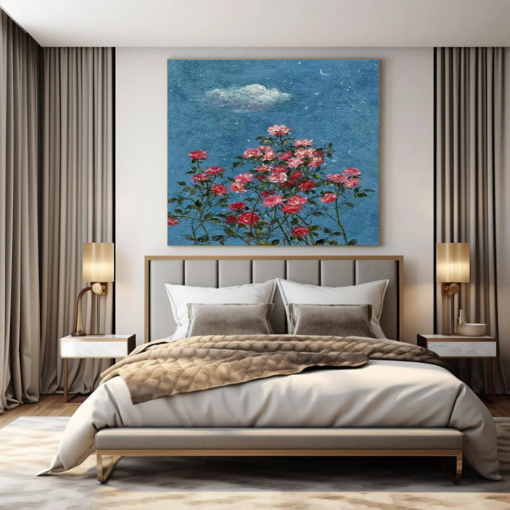 Blue, Pink, Green with Roses and Sky Elements "Starry Blossoms" Abstract Painting On Canvas PS1454