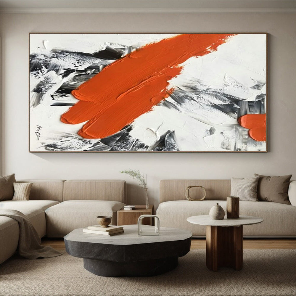 “Fiery Orange Dash” - Orange, Gray, White Abstract Textured Painting On Canvas PS0617