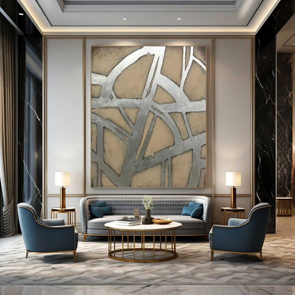 “Silver - Beige Geometric” - Modernist Abstract Painting On Canvas PT2328