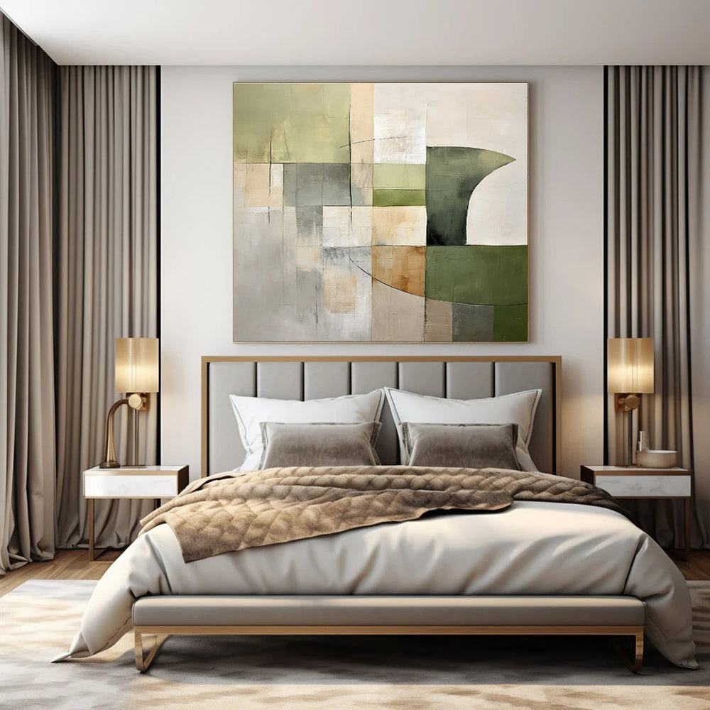 Green, Gray, Beige with Geometric Forms "Earthly Grid" Abstract Painting On Canvas PS1440
