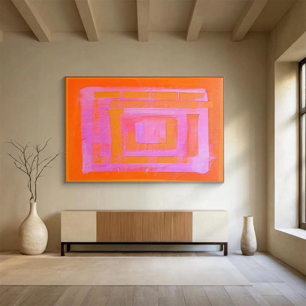 Pink and Orange Geometric Layers - Color Field Abstract Painting On Canvas DKS368